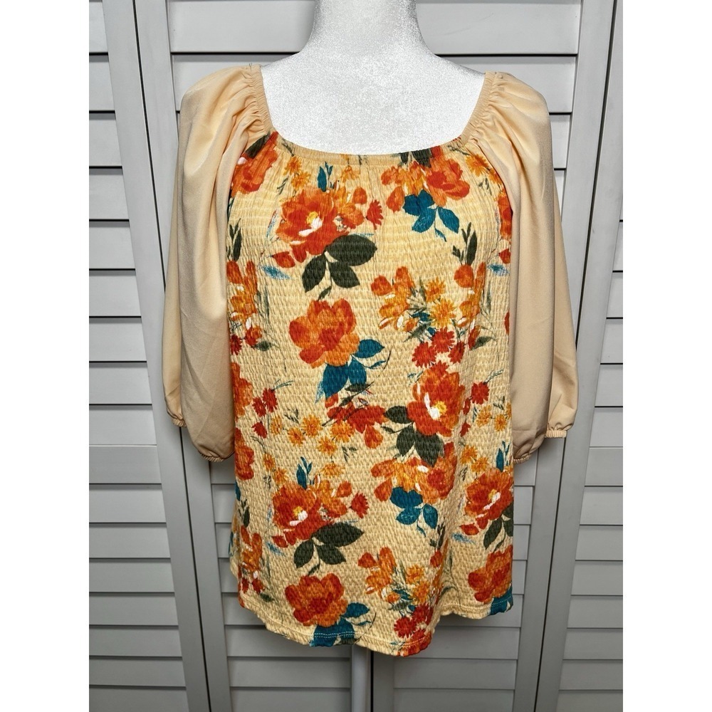 Cato Floral Puff Sleeve Square Neck Smocked Stretch Top Women's Size Small